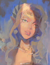 Rule 34 | 1girl, absurdres, bare shoulders, blonde hair, blue background, circle, earrings, eyelashes, gold necklace, green eyes, half-closed eyes, highres, jewelry, long hair, looking at viewer, marking on cheek, necklace, nintendo, parted lips, pink lips, pointy ears, simple background, solo, sonia (zelda), sphere earrings, teardrop facial mark, teeth, the legend of zelda, the legend of zelda: tears of the kingdom, upper body, upper teeth only, watermark, wavy hair, weibo logo, weibo watermark, xiangzizg