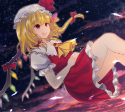 Rule 34 | 1girl, :d, ascot, bad id, bad pixiv id, blonde hair, brooch, cloud, flandre scarlet, floating, frilled shirt collar, frilled skirt, frills, glint, hair ribbon, hands on own stomach, hat, hat ribbon, highres, jewelry, looking to the side, looking up, mob cap, night, night sky, open mouth, outdoors, own hands together, puffy short sleeves, puffy sleeves, red eyes, ribbon, short hair, short sleeves, side ponytail, skirt, skirt set, sky, smile, solo, star (sky), touhou, tress ribbon, twilight, wing collar, wings, x&amp;x&amp;x