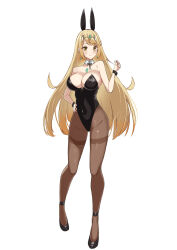 Rule 34 | 1girl, absurdres, alternate costume, animal ears, aotsuba, bare shoulders, black leotard, blonde hair, blush, bow, bowtie, breasts, chest jewel, cleavage, commentary request, commission, detached collar, earrings, fake animal ears, full body, hand on own hip, high heels, highres, jewelry, large breasts, leotard, long hair, looking at viewer, mythra (xenoblade), pantyhose, playboy bunny, rabbit ears, skeb commission, smile, solo, strapless, strapless leotard, swept bangs, tiara, very long hair, wrist cuffs, xenoblade chronicles (series), xenoblade chronicles 2, yellow eyes