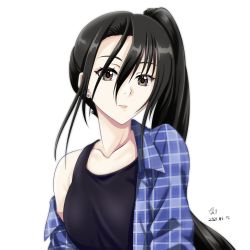 Rule 34 | 1girl, bare shoulders, black eyes, black hair, breasts, casual, earrings, hair between eyes, jewelry, kantai collection, light smile, long hair, nachi (kancolle), off shoulder, side ponytail, simple background, smile, solo, tank top, tk8d32, white background