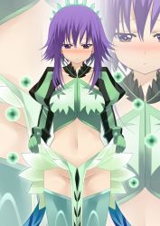 Rule 34 | 1girl, blush, breasts, clothes lift, highres, little queen, midriff, navel, purple eyes, purple hair, short hair, skirt, skirt lift, tales of (series), tales of graces, thighhighs, tiara