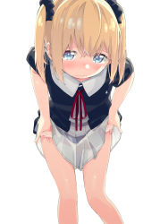 Rule 34 | 1girl, blonde hair, blue eyes, blush, closed mouth, clothes lift, embarrassed, leaning forward, looking at viewer, mizu asato, original, panties, panty pull, short hair, skirt, skirt lift, solo, standing, twintails, underwear