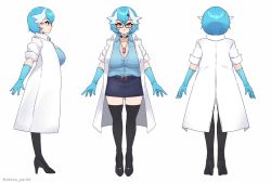 Rule 34 | 1girl, alternate color, alternate form, blue hair, bob cut, breasts, choker, cleavage, creatures (company), dr. voir (nanosheep), game freak, gardevoir, gen 3 pokemon, glasses, gloves, hair ornament, hairclip, hanjuku choco-pai, high heels, huge breasts, humanization, lab coat, mega pokemon, mega stone, mole, mole under eye, multiple views, nintendo, pokemon, red-framed eyewear, red eyes, rubber gloves, rupee (zelda), semi-rimless eyewear, thighhighs