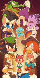 Rule 34 | 2others, 3girls, 6+boys, absurdres, amy rose, animal ears, apron, bandana, barry the quokka, baseball cap, bat (animal), bat ears, bat wings, black apron, black fur, black shirt, blaze the cat, blue eyes, blue eyeshadow, blue fur, boots, bow, bowtie, bracelet, breasts, cat, cat ears, chain, chameleon, chao (sonic), cleavage, clenched teeth, coat, colored skin, corpse, covering own mouth, cowboy hat, crocodilian, crop top, dreadlocks, dress, echidna (animal), espio the chameleon, excited, expressionless, eyeshadow, eyewear on head, fan, flower, forehead jewel, fox, fox ears, fox tail, frown, fur trim, gem, gloves, gold bracelet, gold chain, green apron, green bow, green bowtie, green eyes, green headwear, green skin, hairband, hand fan, hat, headphones, hedgehog, hedgehog ears, hedgehog tail, high heels, highres, holding, holding fan, holding flower, holding rose, hsouflee, jacket, jewelry, knuckles the echidna, lips, lipstick, long image, makeup, medium breasts, multiple boys, multiple girls, multiple others, multiple tails, nervous, open clothes, open jacket, open mouth, paper fan, pink fur, plaid, plaid coat, protagonist (the murder of sonic the hedgehog), purple dress, purple fur, purple jacket, purple skin, quokka, red bow, red bowtie, red dress, red eyes, red footwear, red fur, red gemstone, red hairband, red lips, rose, rouge the bat, sailor hat, sega, shadow the hedgehog, sharp teeth, shirt, shoes, smile, sneakers, sonic (series), sonic the hedgehog, standing, sunglasses, sunglasses on head, tail, tails (sonic), tall image, teeth, the murder of sonic the hedgehog, thinking, turquoise jacket, two tails, upper body, vector the crocodile, white fur, white gloves, wings, yellow bandana