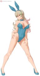 Rule 34 | 1girl, absurdres, alternate costume, animal ears, black leotard, blue leotard, bow, bowtie, breasts, commentary, corrin (female) (fire emblem), corrin (fire emblem), covered navel, detached collar, english commentary, fake animal ears, fake tail, fire emblem, fire emblem fates, full body, grin, hands on own hips, high heels, highres, large breasts, leotard, long hair, looking at viewer, nintendo, playboy bunny, pointy ears, rabbit ears, rabbit tail, red eyes, smile, solo, standing, strapless, strapless leotard, tail, white background, white hair, wrist cuffs, zelc-face
