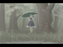 Rule 34 | 1girl, blue hair, bow, cirno, female focus, forest, grass, hair bow, hair over eyes, leaf umbrella, letterboxed, lowres, nature, outdoors, plant, rain, short hair, solo, standing, takuzui, embodiment of scarlet devil, touhou, umbrella, wings