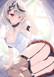 Rule 34 | 1girl, :o, absurdres, arm strap, arm support, ass, black collar, black hair, black panties, braid, breasts, camisole, caution, cleavage, collar, commentary request, curtains, day, garter straps, grey hair, hair ornament, hand up, heart, heart pendant, highres, hololive, lace, lace-trimmed panties, lace trim, large breasts, looking at viewer, medium hair, miniskirt, multicolored hair, o-ring, o-ring legwear, open mouth, panties, plaid, plaid skirt, red eyes, red skirt, sakamata chloe, sitting, skirt, solo, somnya, spaghetti strap, strap slip, streaked hair, sunlight, thighhighs, thighs, torn clothes, torn thighhighs, twisted torso, two-tone hair, underwear, virtual youtuber, white camisole, window, x hair ornament, yokozuwari
