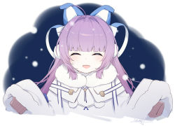 Rule 34 | 1girl, :d, ^ ^, ahoge, animal ears, azur lane, bad id, bad pixiv id, black background, blush, closed eyes, coat, commentary request, earmuffs, fake animal ears, fur-trimmed coat, fur-trimmed sleeves, fur trim, hair intakes, hair ornament, hand up, ieufg, long hair, long sleeves, open mouth, purple hair, sidelocks, signature, sleeves past fingers, sleeves past wrists, smile, snow, solo, tashkent (azur lane), upper body, very long hair, very long sleeves, white coat, winter clothes