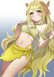 Rule 34 | 1girl, bare arms, bare shoulders, bikini, blonde hair, blush, breasts, celine (fire emblem), commentary request, cowboy shot, criss-cross halter, fire emblem, fire emblem engage, gradient background, green eyes, grey background, hair ornament, halterneck, highres, long hair, looking at viewer, navel, nintendo, no headwear, parted lips, sarong, small breasts, solo, stomach, swimsuit, tara (szzj7733), thighs, very long hair, white background, yellow bikini