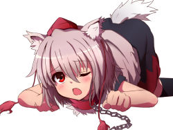 Rule 34 | 1girl, all fours, animal ears, bad id, bad pixiv id, bdsm, black socks, blush, chain, collar, female focus, hat, inubashiri momiji, kneehighs, leash, miya (tokumei), one eye closed, open mouth, red eyes, short hair, short sleeves, silver hair, simple background, socks, solo, tail, tokin hat, tokumei, top-down bottom-up, touhou, white background, wink, wolf ears, wolf tail