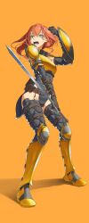 Rule 34 | 1girl, armor, belt, black gloves, blue eyes, boots, breastplate, elbow gloves, fighting stance, full body, gloves, groin, hair between eyes, highres, holding, holding shield, holding sword, holding weapon, leotard, long hair, looking at viewer, multiple thigh straps, open mouth, orange background, orange hair, original, pauldrons, shield, shoulder armor, simple background, solo, standing, sweatdrop, sword, tbocart, tearing up, thighhighs, utility belt, weapon