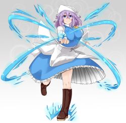 Rule 34 | 1girl, apron, blue eyes, blue skirt, blue vest, boots, brown footwear, commentary request, eyebrows, frilled skirt, frills, full body, gradient background, hair between eyes, hat, highres, ice, letty whiterock, long sleeves, looking at viewer, outstretched arm, purple hair, silver background, skirt, smile, solo, standing, standing on one leg, touhou, vest, waist apron, white hat, yet you