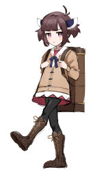 Rule 34 | 1girl, absurdres, adapted costume, alternate hair length, alternate hairstyle, backpack, bag, black pantyhose, blunt bangs, boots, brown bag, brown cardigan, brown footwear, brown hair, cardigan, closed mouth, commentary request, creatures (company), cross-laced footwear, game freak, headgear, highres, hiragi sage, holding strap, jitome, knee boots, long sleeves, looking at viewer, nintendo, pantyhose, pink eyes, pokemon, pokemon swsh, red skirt, sailor collar, short hair, short twintails, shoulder strap, simple background, skirt, solo, touhoku kiritan, twintails, unfinished, v-shaped eyebrows, voiceroid, walking, white background, white sailor collar