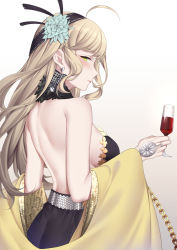 Rule 34 | 1girl, back, backless dress, backless outfit, black dress, black hairband, blonde hair, breasts, cartonbox (zhixiang zhi), cup, dress, drinking glass, earrings, green eyes, hairband, holding, holding cup, jewelry, long hair, medium breasts, missouri (warship girls r), sleeveless, sleeveless dress, solo, star (symbol), star earrings, warship girls r, wine glass
