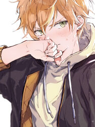 Rule 34 | 1boy, blonde hair, blush, commentary request, covering own mouth, drawstring, earrings, green eyes, hair between eyes, highres, hood, hood down, hoodie, jacket over hoodie, jewelry, kuuu ilst, long sleeves, male focus, multicolored hair, orange hair, project sekai, shinonome akito, short hair, sideways glance, simple background, sleeves past elbows, solo, streaked hair, upper body, white background, yellow hoodie