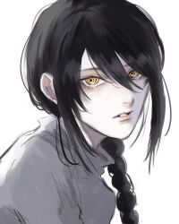 Rule 34 | 1girl, black hair, braid, braided ponytail, chainsaw man, grey sweater, highres, long hair, looking at viewer, nayuta (chainsaw man), parted lips, ringed eyes, solo, sweater, turtleneck, turtleneck sweater, white background, wu yuuri, yellow eyes