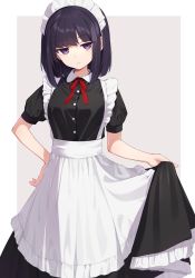 Rule 34 | 1girl, apron, black dress, border, bow, bowtie, breasts, buttons, closed mouth, collared dress, commentary request, dress, eyes visible through hair, frills, grey background, hand on own hip, hand up, highres, kanpa (campagne 9), looking at viewer, maid, maid headdress, medium breasts, original, outside border, puffy short sleeves, puffy sleeves, purple eyes, purple hair, red bow, red bowtie, short hair, short sleeves, simple background, solo, standing, white apron, white border