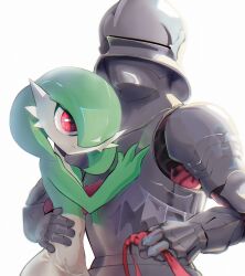 Rule 34 | 1girl, 1other, ambiguous gender, arm around waist, armor, bevor, blurry, bob cut, breastplate, colored skin, couple, creatures (company), cuirass, depth of field, flat chest, full armor, game freak, gardevoir, gauntlets, gen 3 pokemon, green hair, green skin, grey helmet, hair over one eye, hand on another&#039;s chest, hand up, happy, height difference, helm, helmet, holding, holding leash, knight, leash, looking at another, multicolored skin, navel, nintendo, noconcession, one eye covered, parted lips, pokemon, pokemon (creature), red eyes, rerebrace, sallet, short hair, shoulder armor, simple background, smile, standing, stomach, teeth, two-tone skin, upper body, white background, white skin