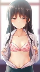 Rule 34 | 1girl, blurry, blurry background, blush, bow, bow bra, bra, braid, breasts, brown hair, closed mouth, collarbone, collared shirt, commentary, depth of field, dress shirt, floral print, green skirt, hair between eyes, highres, long hair, nagami yuu, navel, open clothes, open shirt, original, pink bra, pleated skirt, print bra, red eyes, school uniform, shirt, skirt, small breasts, smile, solo, stomach, symbol-only commentary, twin braids, underwear, upper body, very long hair, white shirt