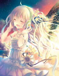 Rule 34 | 1girl, ahoge, bad id, bad pixiv id, beach, blonde hair, bracelet, cloud, crescent, dress, closed eyes, flower, hair ornament, hair ribbon, hands on headphones, jewelry, long hair, lots of jewelry, necklace, open mouth, original, ponytail, ribbon, sand, solo, star (sky), star (symbol), sunflower, sunset, twilight, very long hair, water, white dress, yamadori yoshitomo
