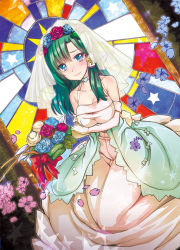 Rule 34 | 1girl, alternate costume, blue eyes, blue flower, blue rose, blush, bouquet, bow, breast hold, breasts, bridal veil, cherry blossoms, choker, closed mouth, dress, dutch angle, flower, frills, frog hair ornament, gloves, green hair, hair flower, hair ornament, hair tubes, heart, holding, holding bouquet, kochiya sanae, large breasts, long hair, looking at viewer, petals, pink flower, pink lips, red bow, red flower, red rose, rose, sleeveless, sleeveless dress, solo, sparkle, stained glass, star (symbol), tamon ketsuyuki, tears, touhou, veil, wedding, wedding dress, white flower, white gloves