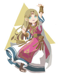 Rule 34 | 1girl, :d, aqua eyes, arm up, bead necklace, beads, blonde hair, bracer, bright pupils, brown footwear, circlet, dress, full body, gem, hair intakes, hand up, highres, jewelry, long hair, necklace, nintendo, nishikuromori, no lineart, no nose, open mouth, pointy ears, princess, princess zelda, short sleeves, smile, solo, straight hair, teeth, the legend of zelda, the legend of zelda: a link between worlds, triforce, white dress, white pupils