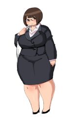 Rule 34 | 1girl, breasts, brown eyes, brown hair, fat, glasses, highres, huge breasts, kjmvideo, solo, standing, thick thighs, thighs, wide hips