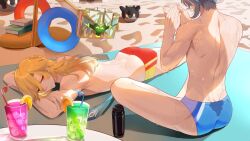 Rule 34 | 2boys, alhaitham (genshin impact), anjingxiang, ass, blonde hair, blue male swimwear, drinking straw, genshin impact, glass, grey hair, hair between eyes, highres, innertube, kaveh (genshin impact), lying, male focus, male swimwear, mehrak (genshin impact), multiple boys, red eyes, red male swimwear, short hair, slime (genshin impact), swim ring, topless male