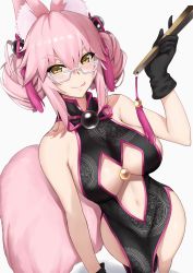Rule 34 | 1girl, akatsuki ikki, animal ear fluff, animal ears, bare shoulders, bell, black dress, black gloves, blush, breasts, center opening, china dress, chinese clothes, closed mouth, dress, fate/grand order, fate (series), folded fan, folding fan, fox ears, fox tail, glasses, gloves, hair between eyes, hand fan, highres, hip focus, jingle bell, koyanskaya (chinese lostbelt outfit) (fate), koyanskaya (fate), large breasts, licking lips, long hair, looking at viewer, navel, pink hair, sidelocks, simple background, smile, solo, tail, tamamo (fate), thighs, tongue, tongue out, white background, yellow eyes