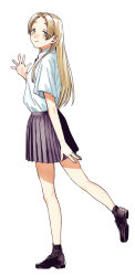 Rule 34 | 1girl, blonde hair, breasts, eyebrows hidden by hair, from side, full body, green eyes, highres, hiro (chumo), long hair, looking at viewer, miniskirt, original, pleated skirt, school uniform, skirt, small breasts, solo, waving, white background