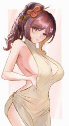 Rule 34 | 1girl, bare arms, bare shoulders, breasts, brown eyes, brown hair, chiori (genshin impact), cleavage, commentary request, cowboy shot, dress, genshin impact, grey dress, hair ornament, hair stick, highres, large breasts, linuxthepenguin, long hair, looking at viewer, parted lips, ponytail, sideboob, sleeveless, sleeveless dress, solo, standing