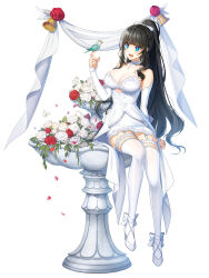 Rule 34 | 1girl, :d, ankle bow, ankle ribbon, arm support, banner, bare shoulders, bell, bird, bird on hand, black hair, blue eyes, blunt bangs, bow, braid, breasts, bridal gauntlets, cleavage, closers, clothing cutout, dress, falling petals, flower, fountain, french braid, full body, garter straps, hair bow, hand up, high heels, highres, index finger raised, lace, lace-trimmed dress, lace-trimmed thighhighs, lace trim, large breasts, leg ribbon, long hair, looking at animal, official art, open mouth, pencil dress, petals, ponytail, red flower, red rose, ribbon, rose, see-through, see-through cleavage, short dress, sidelocks, sitting, sleeveless, sleeveless dress, smile, solo, tachi-e, teeth, thighhighs, underboob cutout, upper teeth only, very long hair, wedding dress, white background, white bow, white bridal gauntlets, white dress, white flower, white footwear, white rose, white thighhighs, yuri seo