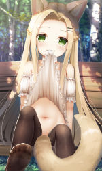 Rule 34 | 1girl, animal ear fluff, animal ears, bare shoulders, black thighhighs, blonde hair, blush, clothes lift, dress, dress lift, forehead, green eyes, highres, lifted by self, long hair, looking at viewer, mouth hold, navel, original, outdoors, psyche3313, sitting, smile, solo, tail, thighhighs