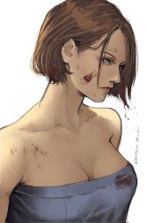 Rule 34 | 1girl, artist name, bare shoulders, blood, blood on clothes, blood on face, blue eyes, blue shirt, bob cut, breasts, brown hair, cleavage, collarbone, ericson blum, hair behind ear, highres, jill valentine, large breasts, looking to the side, parted bangs, resident evil, resident evil 3, resident evil 3: nemesis, shirt, short hair, solo, strapless, tube top, white background