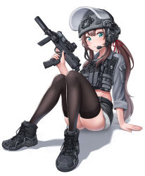 Rule 34 | 1girl, ass, black footwear, black shorts, black thighhighs, brown hair, chest rig, combat helmet, commission, denim, denim shorts, fur-trimmed shorts, fur trim, green eyes, grey shirt, gun, h&amp;k mp7, helmet, highres, kzm (sub-moa works), long hair, open mouth, original, personal defense weapon, shadow, shirt, shoes, shorts, sitting, skeb commission, sneakers, solo, stomach, submachine gun, suppressor, termichan (not-a-bot), thighhighs, trigger discipline, weapon, white background
