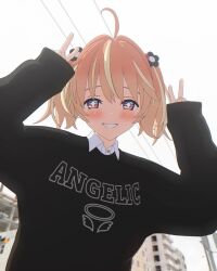 Rule 34 | + +, 1girl, 3d, ahoge, black sweater, blender (medium), blonde hair, blush, bright pupils, clothes writing, collared shirt, day, double v, english text, grin, highres, long sleeves, looking at viewer, medium hair, multicolored eyes, multicolored hair, orange hair, outdoors, overcast, pink eyes, power lines, print sweater, purple eyes, rinne (rinrinne), rinrinne, rinrinne39 (artist), shirt, sky, sleeves past wrists, smile, solo, streaked hair, sweater, teeth, two side up, upper body, v, virtual youtuber, white pupils, white shirt