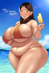 Rule 34 | 1girl, bad id, bad twitter id, beach, belly, bikini, blush, bra, breasts, brown eyes, brown hair, cleavage, curvy, day, embarrassed, english text, flower, food, hair flower, hair ornament, highres, huge breasts, ice cream, long hair, looking at viewer, navel, ocean, open mouth, original, plump, popsicle, sky, solo, sunlight, swimsuit, thick eyebrows, thick thighs, thighs, toroboro, underwear