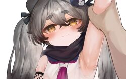 Rule 34 | 1girl, 1other, animal ears, arm up, armpits, black scarf, blue archive, closed mouth, dokomon, grey hair, hair between eyes, highres, long hair, looking at viewer, michiru (blue archive), neckerchief, portrait, red neckerchief, scarf, short eyebrows, simple background, sleeveless, wavy mouth, white background, yellow eyes