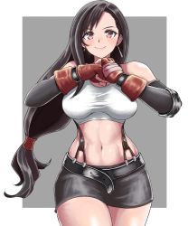 Rule 34 | 1girl, bare shoulders, belt, black skirt, blush, breasts, brown hair, clenched hand, closed mouth, commentary request, cowboy shot, earrings, elbow gloves, elbow pads, final fantasy, final fantasy vii, fingerless gloves, fist in hand, gloves, hands up, hiroyama (hpzg5374), jewelry, large breasts, long hair, looking at viewer, low-tied long hair, midriff, miniskirt, navel, red eyes, shirt, simple background, skirt, smile, solo, stomach, suspender skirt, suspenders, tank top, taut clothes, taut shirt, tifa lockhart, white shirt