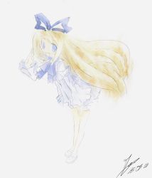 Rule 34 | 1girl, absurdres, blonde hair, blue eyes, bow, bowing, breasts, commentary request, disgaea, dress, flonne, highres, looking at viewer, non-web source, open mouth, painting (medium), ribbon, self-upload, small breasts, solo, traditional media, watercolor (medium), white background, white dress