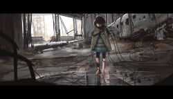 Rule 34 | 1girl, absurdres, android, artist name, bicycle, cable, commentary request, day, faiz azhar, highres, hood, hood up, letterboxed, looking down, original, post-apocalypse, puddle, reflection, ruins, standing, wide shot