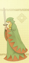 Rule 34 | 1girl, alternate color, blonde hair, braid, cloak, final fantasy, final fantasy tactics, final fantasy tactics: hakuma doushi shibari, hair over shoulder, head down, highres, holding, holding sword, holding weapon, hood, hooded cloak, long hair, long sleeves, profile, robe, shalfe, short twintails, simple background, smile, solo, sword, twin braids, twintails, weapon, white mage, white mage (fft), white mage (final fantasy), yellow background