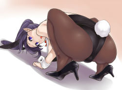 Rule 34 | 1girl, all fours, animal ears, ass, bare shoulders, bow, bowtie, breasts, brown pantyhose, detached collar, fake animal ears, feet, gradient background, high heels, lappuru, leotard, long hair, looking back, open mouth, original, pantyhose, playboy bunny, pointy ears, ponytail, purple eyes, purple hair, rabbit ears, rabbit tail, simple background, solo, squatting, tail, wrist cuffs