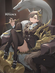 Rule 34 | 1girl, animal ears, arknights, armchair, balance scale, black footwear, black skirt, black thighhighs, black vest, boots, breasts, brown hair, chair, character name, extra ears, flail, highres, holding, holding scale, holding weapon, long hair, looking at viewer, penance (arknights), pleated skirt, sima naoteng, sitting, skirt, small breasts, solo, tail, thighhighs, thighs, very long hair, vest, weapon, weighing scale, wolf ears, wolf girl, wolf tail, yellow eyes