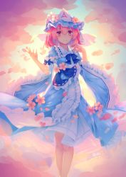 Rule 34 | 1girl, arm cuffs, blue bow, blue bowtie, blue hat, blue kimono, blush, bow, bowtie, cherry blossoms, closed mouth, commentary request, dated, feet out of frame, flower, frilled kimono, frilled shirt collar, frilled sleeves, frills, hat, hat flower, highres, japanese clothes, kimono, light particles, mechrailgun, medium hair, mob cap, petals, pink eyes, pink hair, ribbon trim, saigyouji yuyuko, signature, sleeves past elbows, smile, solo, touhou, triangular headpiece, veil, wide sleeves