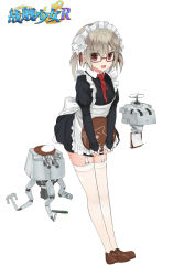 Rule 34 | 1girl, apron, bow, clipboard, copyright name, covering privates, frills, full body, garter straps, glasses, grey hair, hair ribbon, hibiki (warship girls r), highres, looking at viewer, maid headdress, necktie, open mouth, plate, red-framed eyewear, red eyes, red ribbon, ribbon, semi-rimless eyewear, short hair, short twintails, solo, stmast, thighhighs, tray, twintails, under-rim eyewear, v arms, verniy (warship girls r), warship girls r, white thighhighs