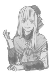 Rule 34 | 1girl, capelet, fate (series), fur collar, greyscale, grin, hand up, hat, highres, long hair, long sleeves, looking at viewer, lord el-melloi ii case files, monochrome, osionopan, reines el-melloi archisorte, smile, solo, teeth, white background