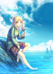 Rule 34 | 1girl, :o, aqua eyes, barefoot, blonde hair, blue sky, blush, breasts, brown shorts, cayna, cloud, commentary request, earrings, elf, feather hair ornament, feathers, feet, food, green jacket, hair ornament, hairband, highres, holding, holding food, jacket, jewelry, leadale no daichi nite, long sleeves, looking at viewer, medium hair, nature, ocean, official art, open mouth, outdoors, pointy ears, popsicle, revision, rock, shorts, sidelocks, sitting, sky, small breasts, solo, teeth, tenmaso, toes, upper teeth only, watermelon bar