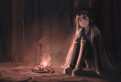 Rule 34 | 1girl, black hair, black pantyhose, blush, campfire, closed mouth, expressionless, fire, forest, full body, girls&#039; frontline, grey jacket, hairband, highres, jacket, knee pads, light, long hair, nature, night, outdoors, pantyhose, purple eyes, rampart1028, school uniform, solo, super sass (girls&#039; frontline)