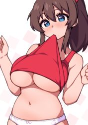 Rule 34 | 1girl, bare arms, bare shoulders, blue eyes, blush, bow, bow panties, breasts, brown hair, cleavage, closed mouth, clothes in mouth, clothes lift, commentary request, hair between eyes, hands up, head tilt, idolmaster, idolmaster million live!, korean commentary, kwaejina, large breasts, lifting own clothes, looking at viewer, medium hair, mixed-language commentary, mouth hold, navel, no pants, panties, ponytail, red tank top, satake minako, shirt in mouth, shirt lift, sidelocks, solo, standing, stomach, tank top, underboob, underwear, upper body, w arms, white background, white panties